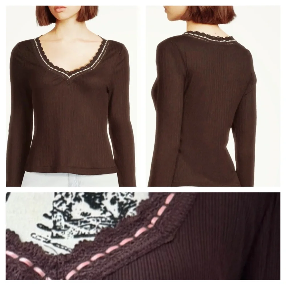 FREE PEOPLE ONLY YOU LONG SLEEVE TOP BROWN PINK LARGE